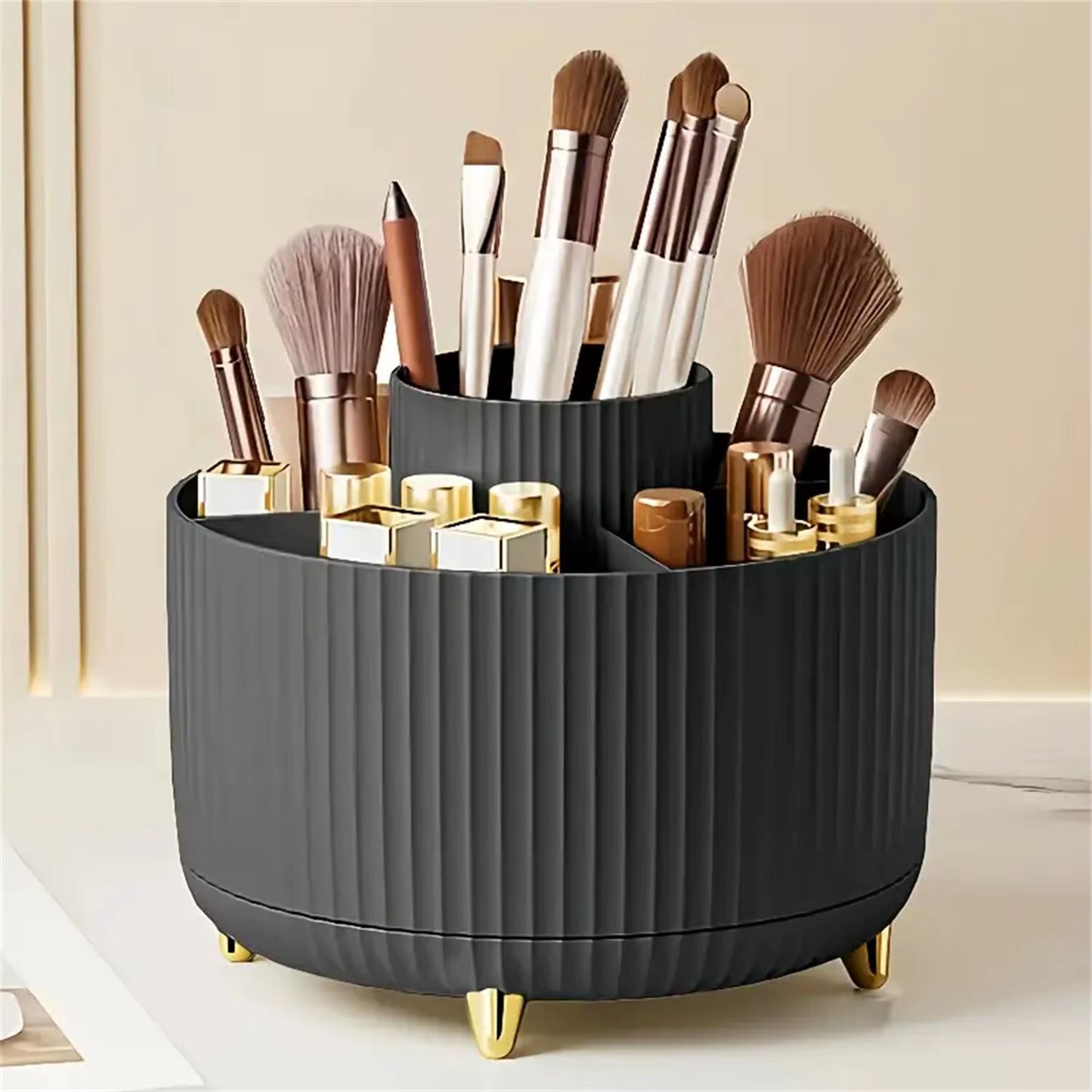 360° Rotating Makeup Organizer - 1Pc Plastic Cosmetic Storage with 5 Compartments - Multi-Functional Holder for Brushes